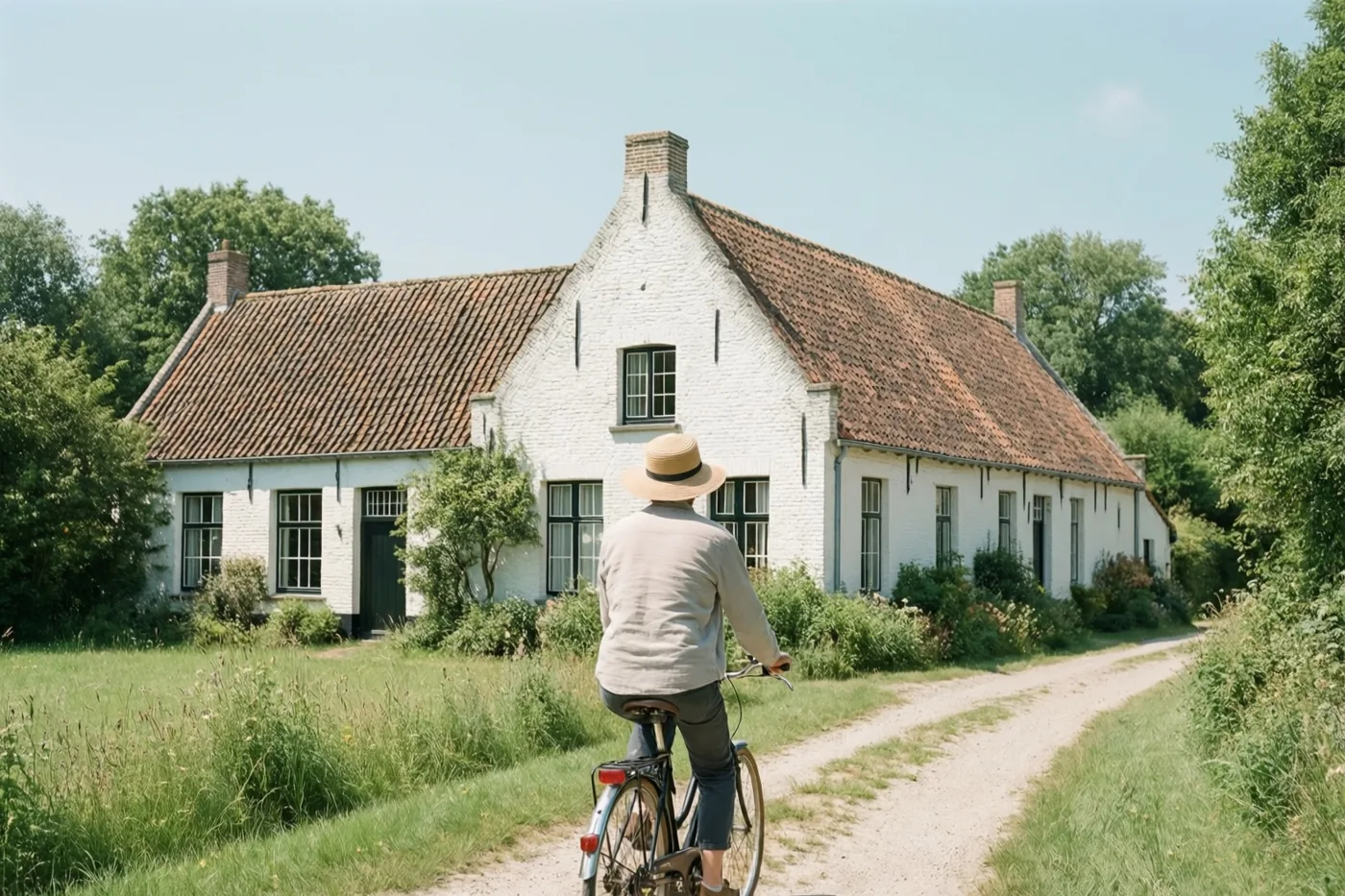 Van achteren gezien fietst iemand met een zonnehoed over een grindpad richting een witte Vlaamse hoeve met een rood pannendak, in een groen landschap onder een heldere hemel.