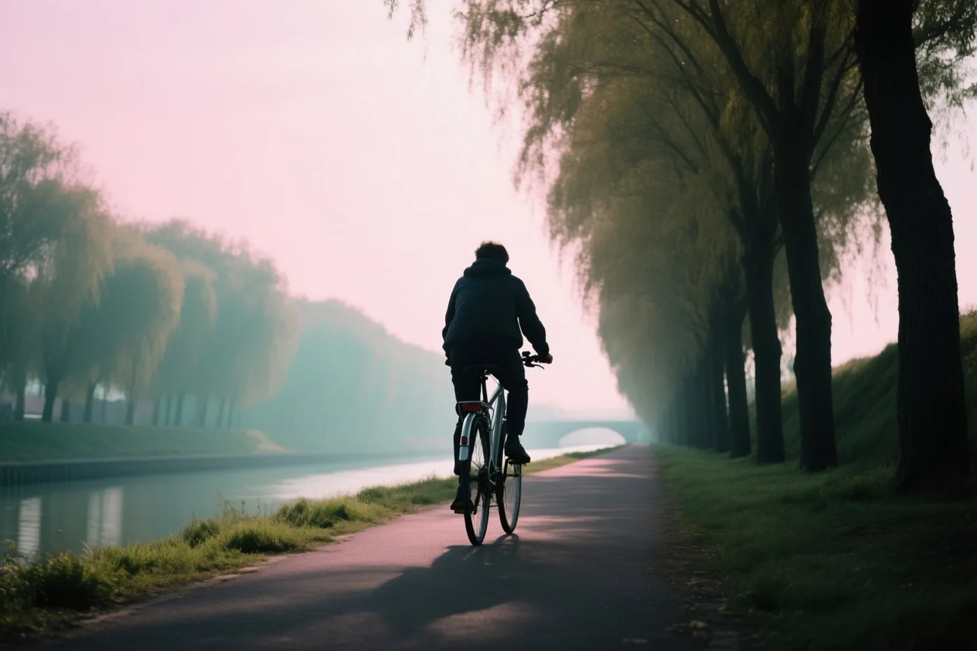 Een fietser rijdt van achteren gezien op een verhard pad langs een rustig kanaal, onder hoge treurwilgen aan beide kanten en een bleekroze hemel.