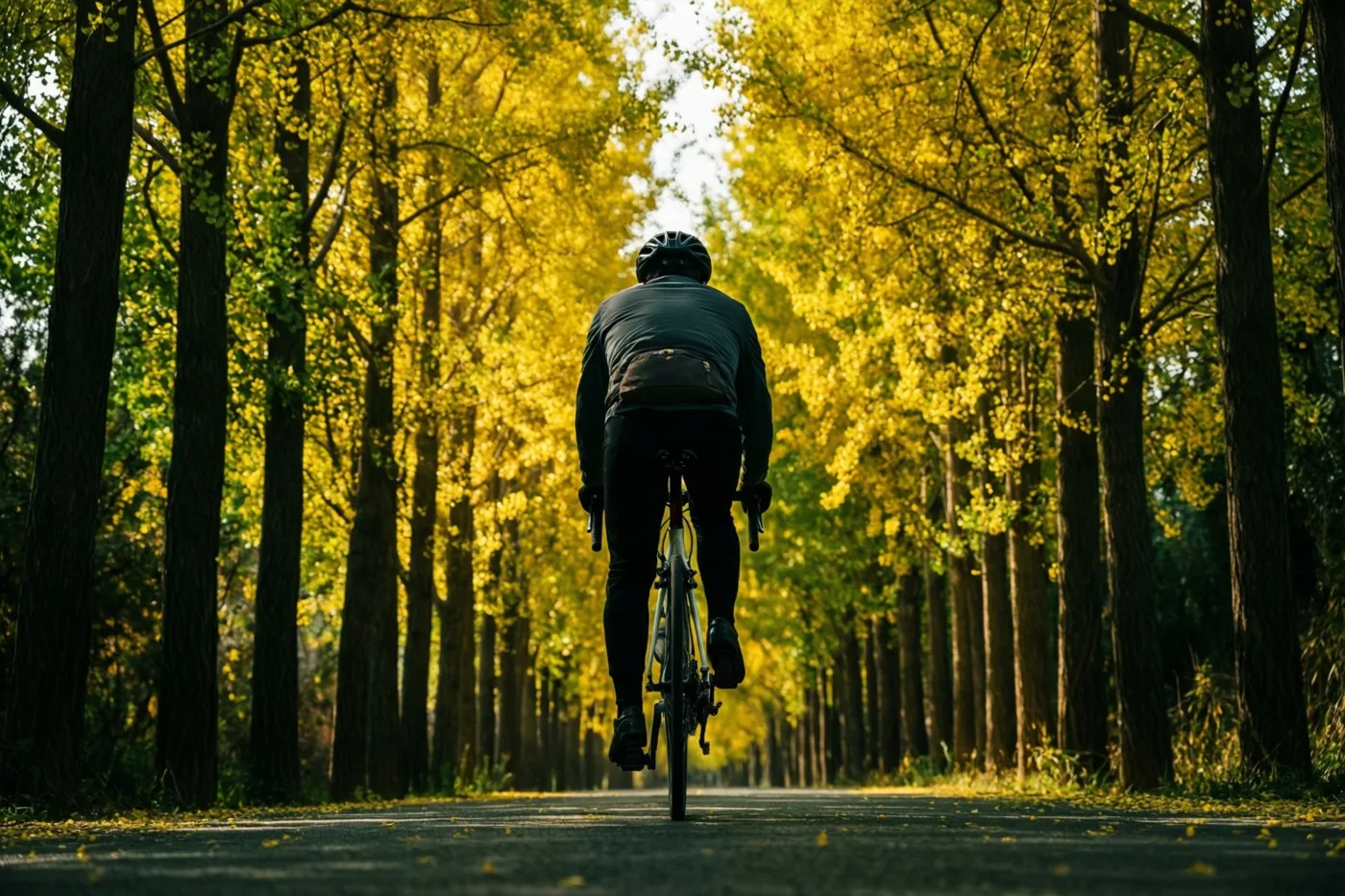 Een fietser met een helm rijdt van de kijker weg over een verhard pad tussen hoge bomen met goudgele bladeren waar warm zonlicht doorheen valt.