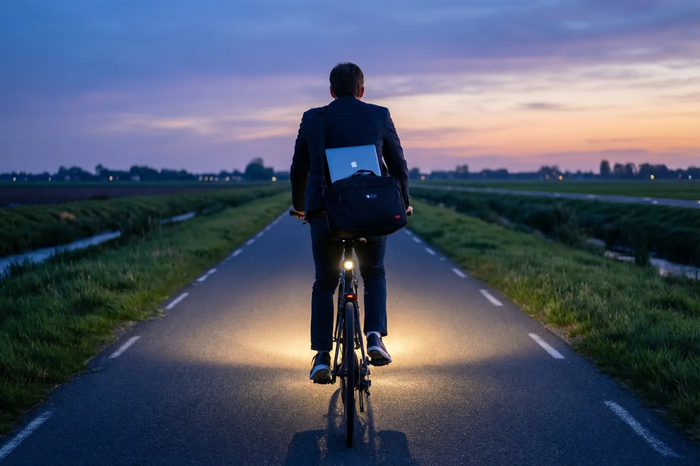 Een persoon met een laptoptas op de rug fietst over een landelijke weg in de schemering onder een blauwe, paarse en oranje hemel.