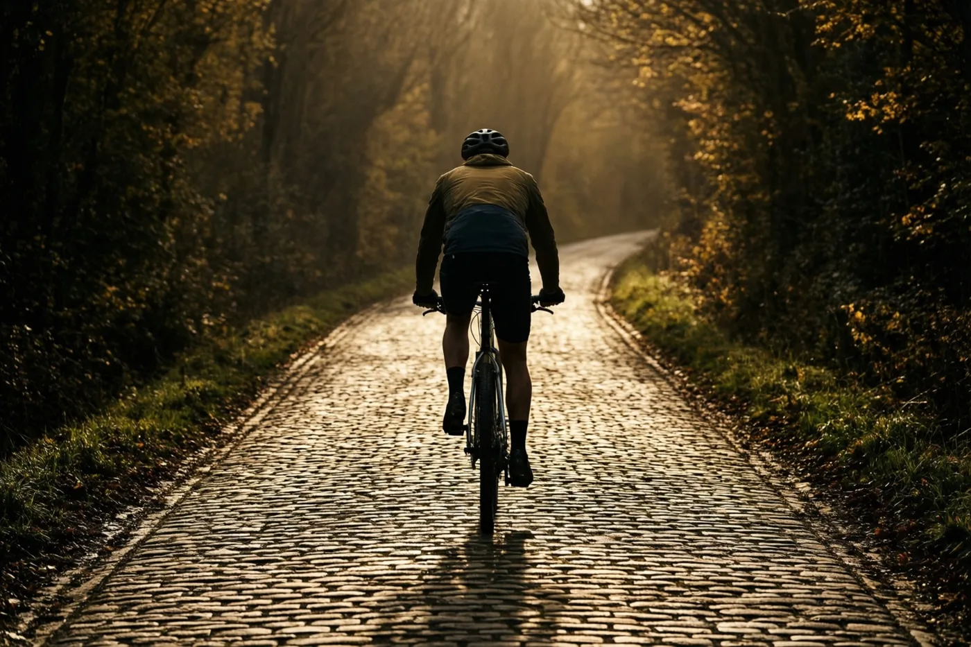 Een fietser rijdt van achteren gezien bergop over een kronkelende kasseiweg door een bos met herfstbomen in warm, goudkleurig zonlicht.