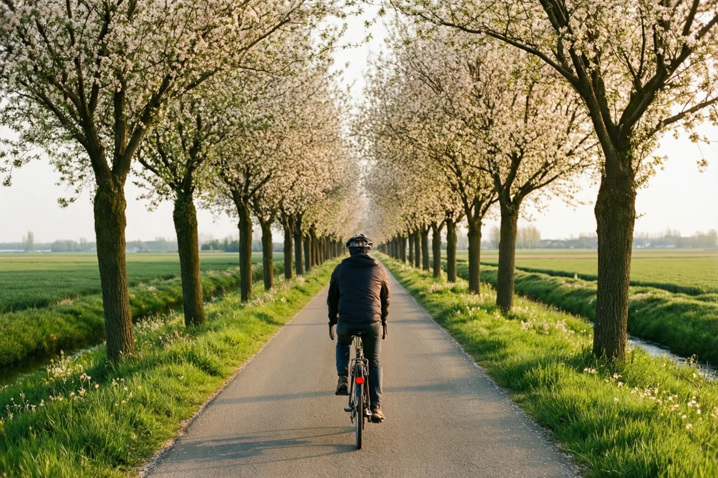 Een fietser rijdt van de kijker weg over een verharde polderweg tussen bomen met bleekwitte bloesems en groen gras in zacht, warm licht.