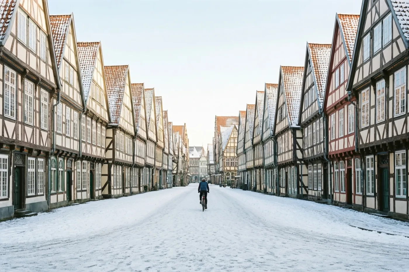Een fietser rijdt door een besneeuwde straat met gildehuizen met trapgevels en bruin vakwerk onder een bleke winterhemel.