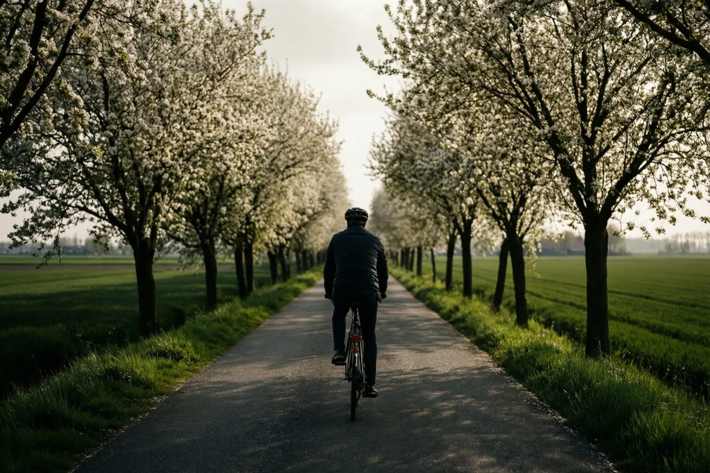 Een fietser is van achteren te zien op een verharde weg tussen bloeiende bomen en groene velden onder een bewolkte hemel.