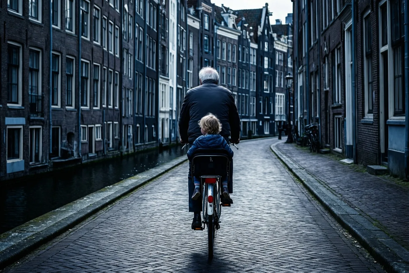 Een oudere man met wit haar en een klein kind in een fietsstoeltje achterop zijn van achteren te zien in een smalle kasseistraat langs een kanaal met hoge bakstenen gebouwen onder een bewolkte hemel.