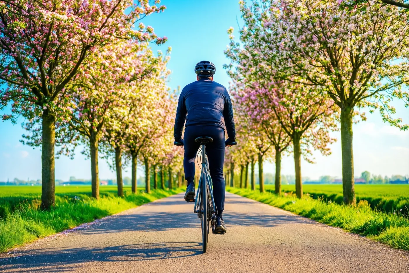 Een fietser met een helm rijdt weg over een verharde weg tussen roze en wit bloeiende bomen, met groene velden aan weerszijden in de zon.