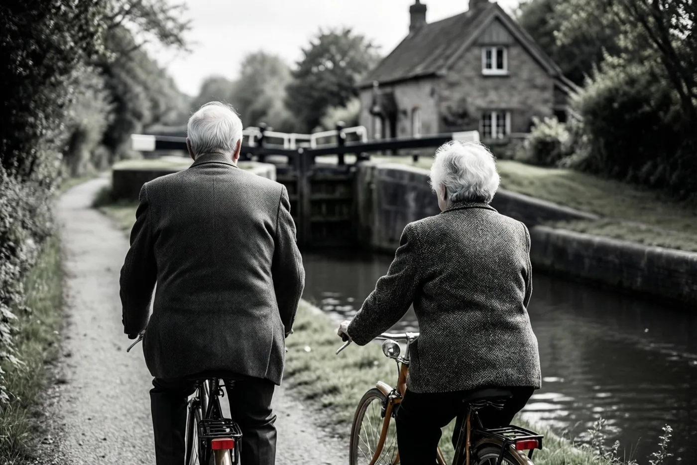 Een zwart-witbeeld toont een ouder koppel van achteren dat over een jaagpad langs een kanaal en een sluis fietst.