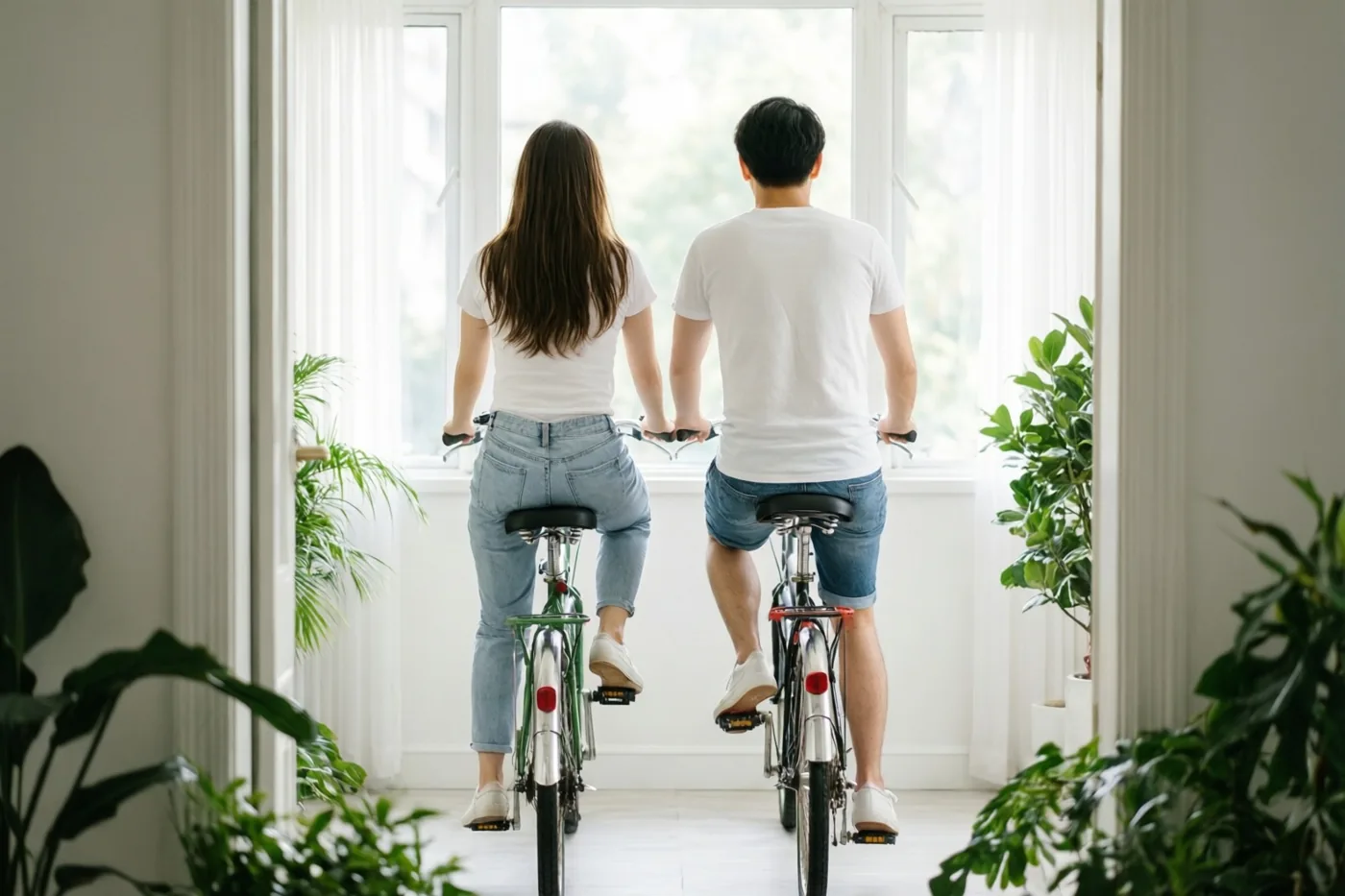 Twee mensen fietsen binnenshuis naar een groot raam, van achteren gezien in een lichte ruimte met witte muren en groene planten.