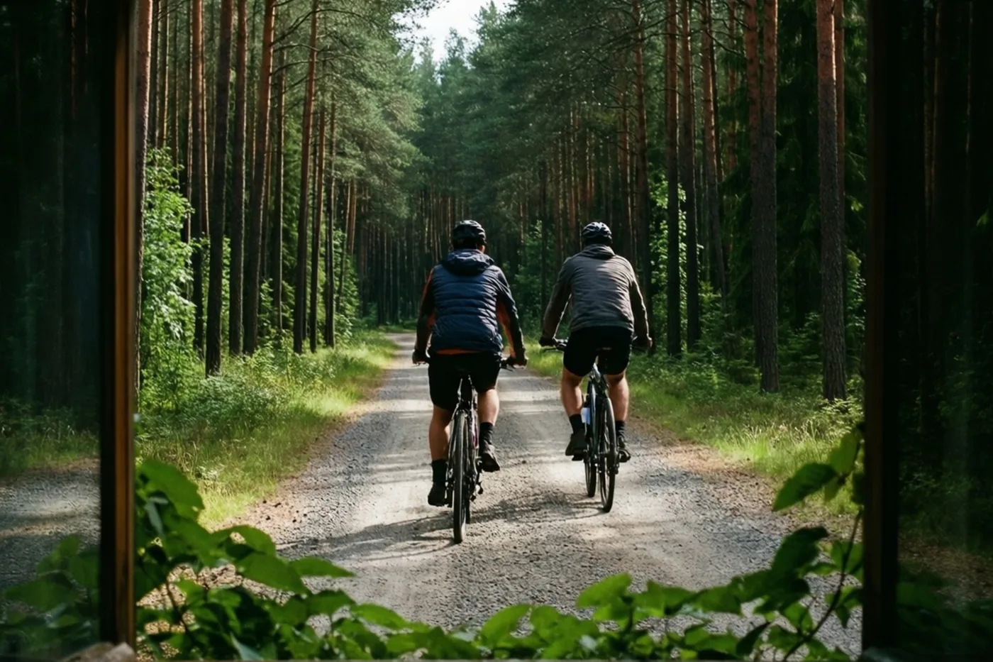 Door een open raam met groene bladeren op de voorgrond zie je twee fietsers van achteren op een grindpad door een dicht dennenbos in daglicht.