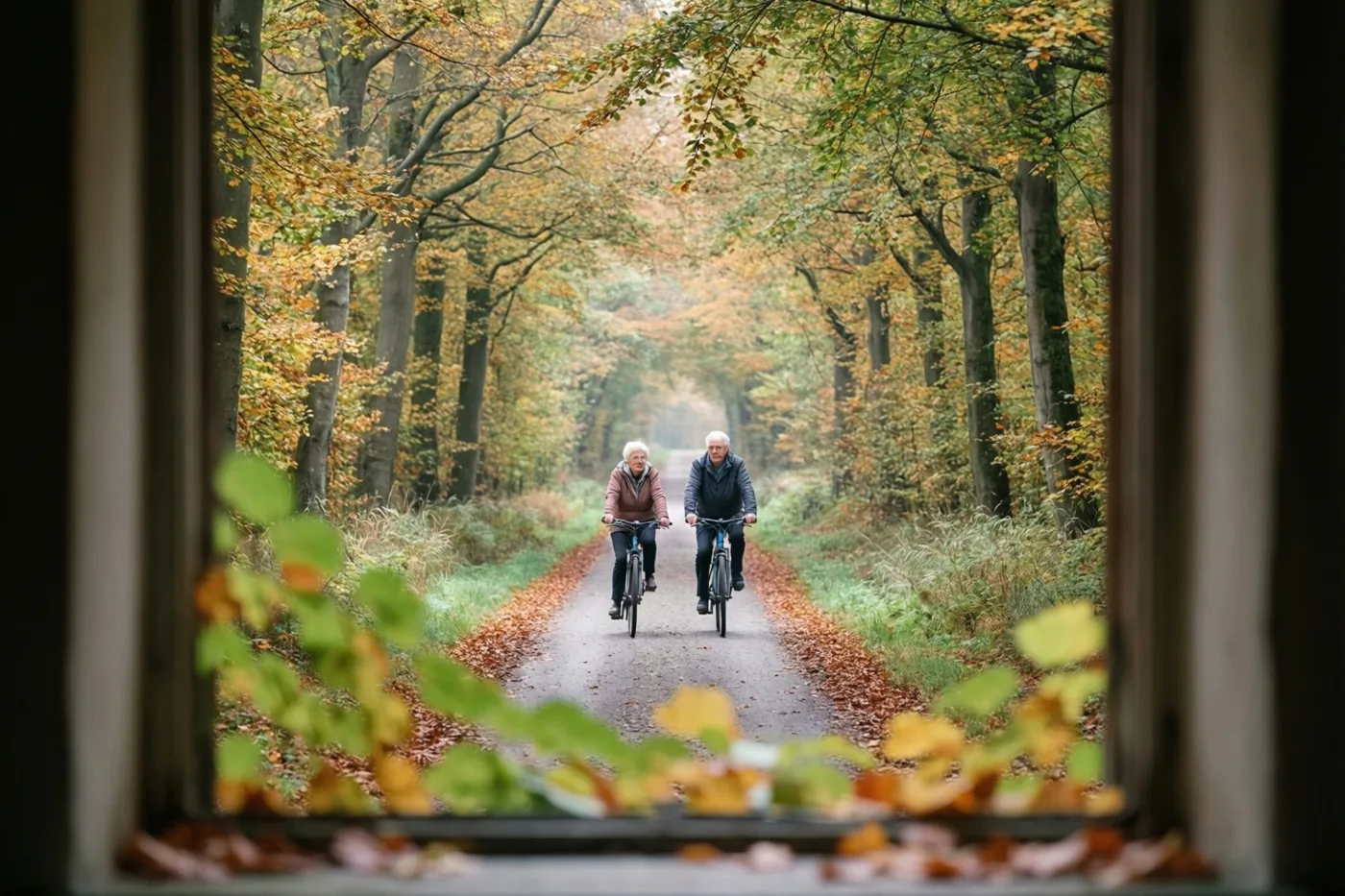 Een ouder koppel fietst naast elkaar op een smal pad in een beukenbos met goudgeel en groen loof, gezien door een raam met herfstbladeren op de voorgrond.
