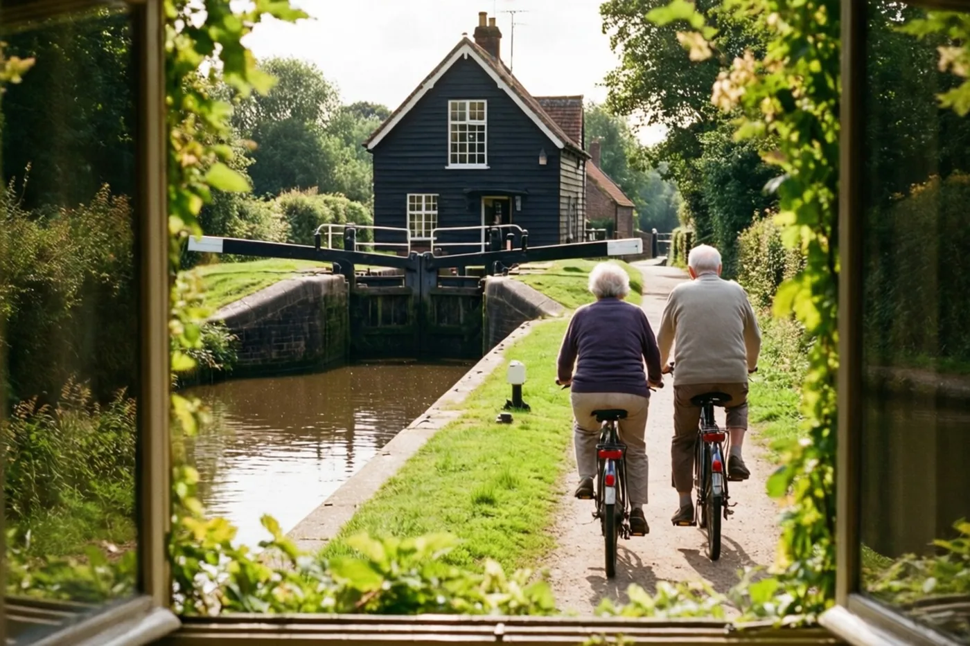 Door een open raam met groen ervoor is een ouder koppel van achteren te zien dat langs een kanaal fietst en een sluiswachtershuisje passeert.