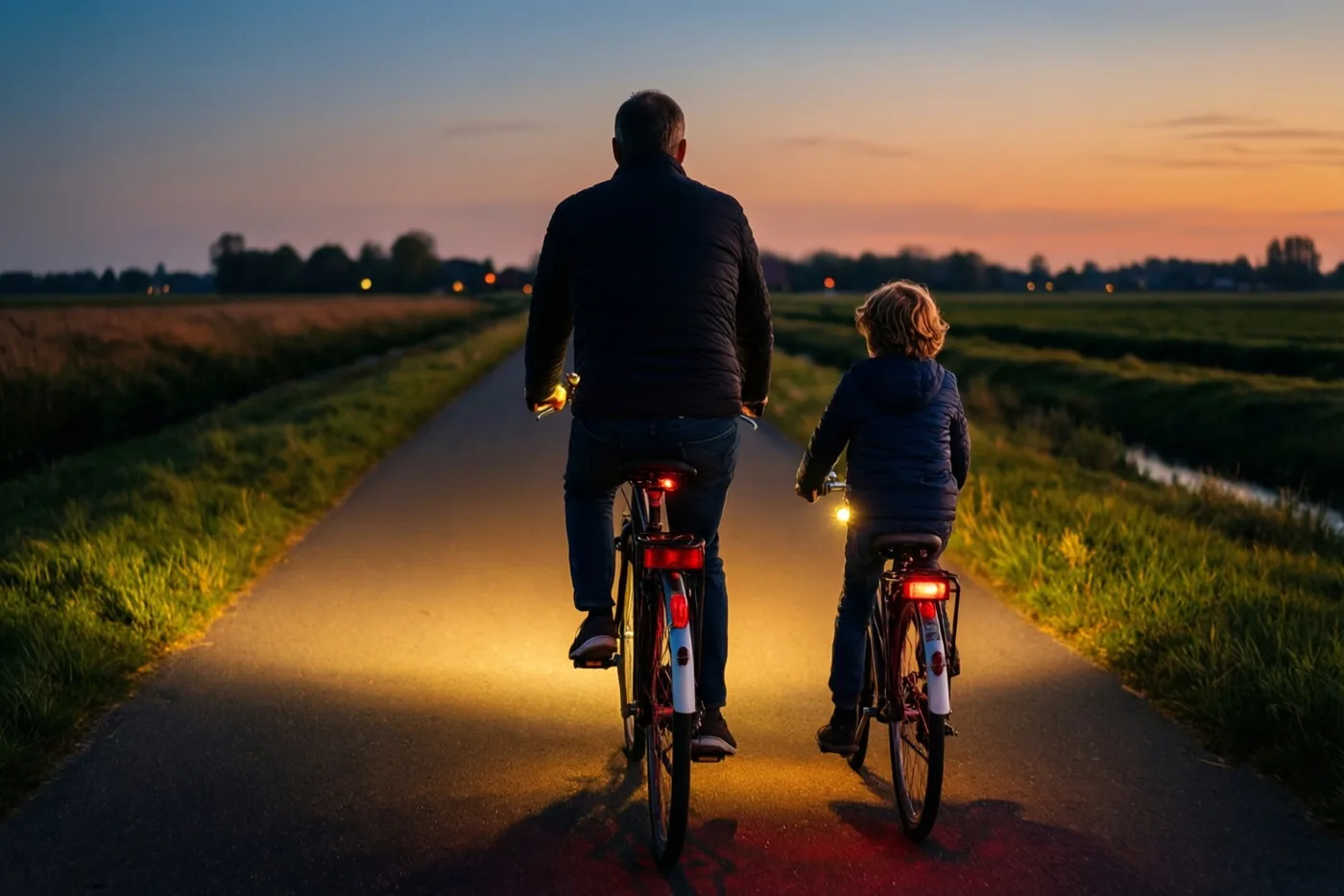 Een vader en kind fietsen van achteren gezien naast elkaar door de polders, met warm schijnende fietslampen onder een blauw-oranje avondlucht.