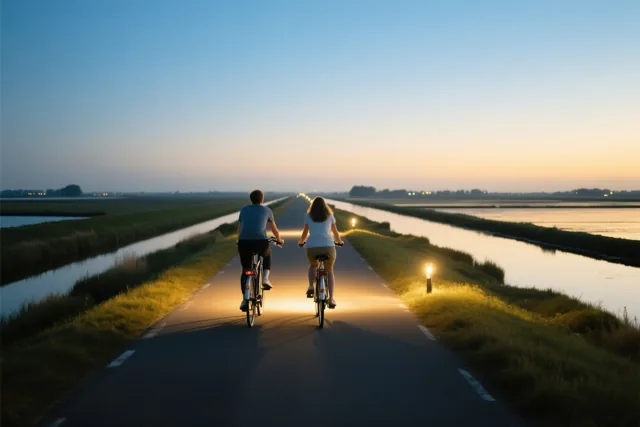 Twee mensen fietsen naast elkaar over een rechte polderweg tussen vaarten en grasoevers bij valavond, in goudkleurig zonlicht en het licht van hun fietsen.