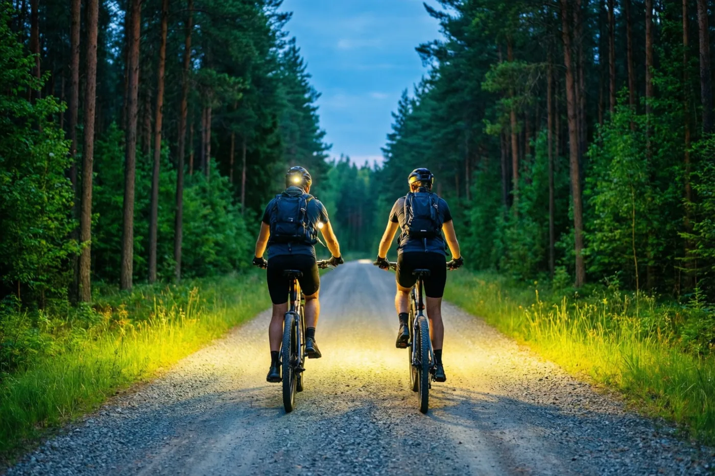 Twee fietsers rijden naast elkaar van de kijker weg over een grindweg door een dicht dennenbos in warm goudkleurig licht.