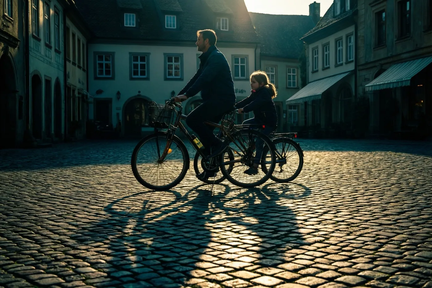 Een vader en kind fietsen naast elkaar over een dorpsplein met kasseien in het gouden licht van de laagstaande ochtendzon.