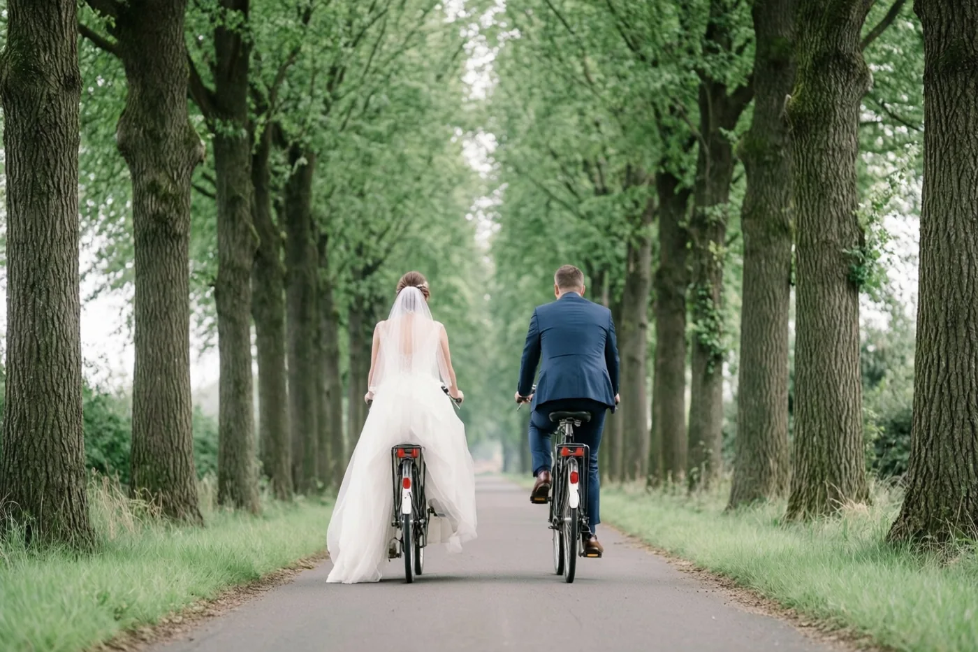 Een bruid in een witte trouwjurk en een bruidegom in een blauw pak fietsen naast elkaar over een verharde laan met hoge bomen op regelmatige afstand, gezien van achteren.
