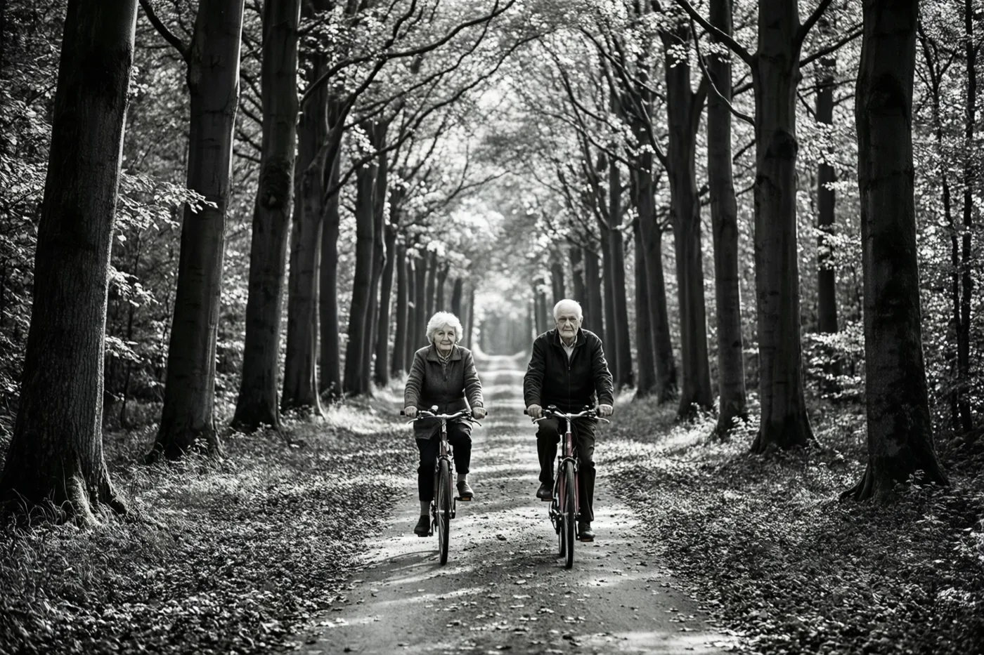 Een zwart-witfoto toont een ouder koppel dat in de verte naast elkaar fietst over een bospad met bomen aan weerszijden.