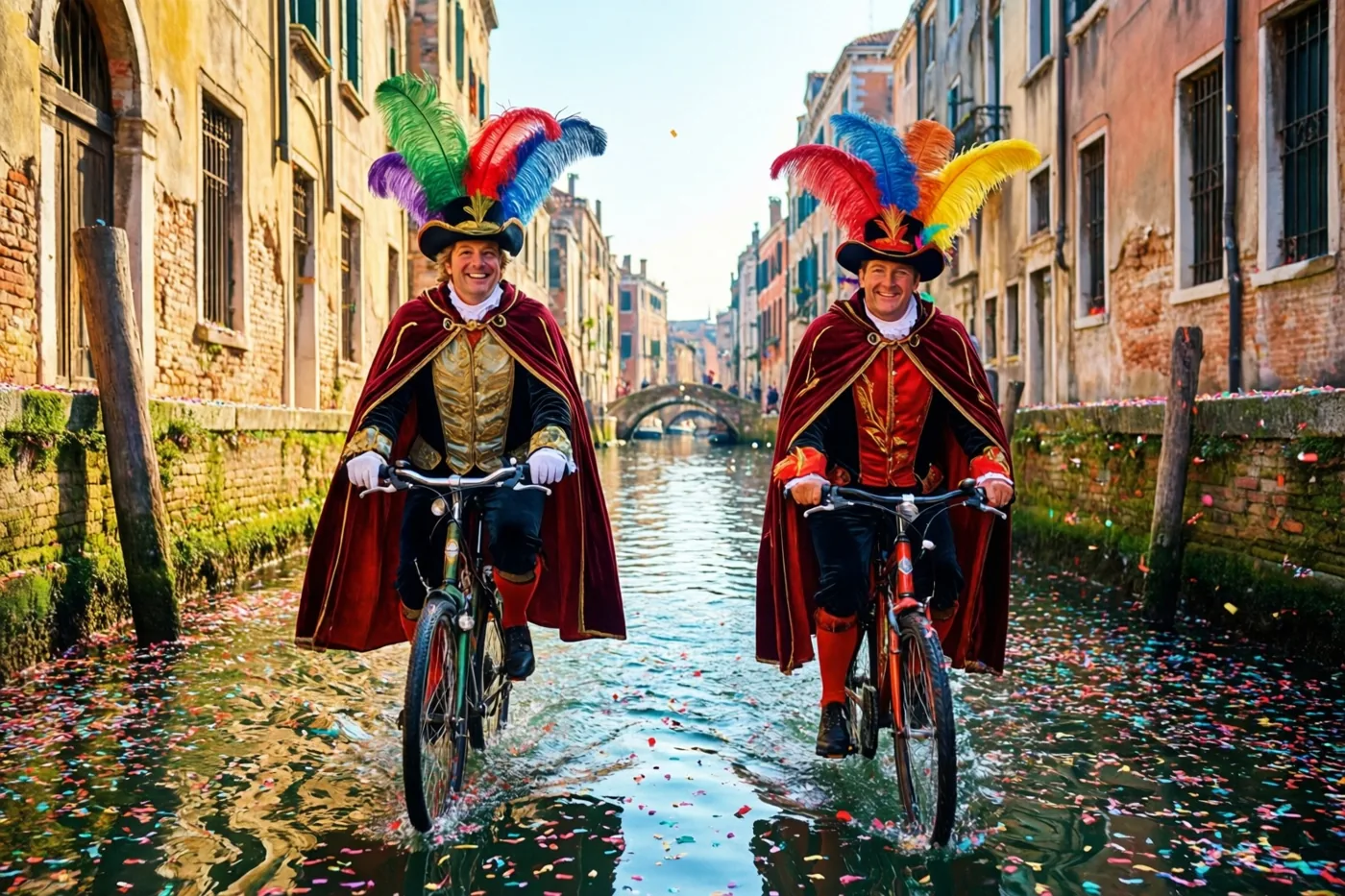 Twee mannen in rijk versierde kostuums met gevederde hoeden en rode capes fietsen door een kanaal tussen oude gebouwen en confetti op het water.