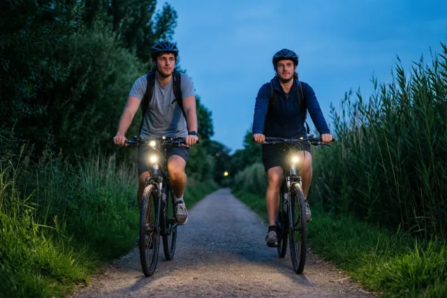 Twee mannen met fietshelmen fietsen naast elkaar met felle koplampen over een smal onverhard pad tussen hoog groen riet en bomen onder een blauwe schemerlucht.