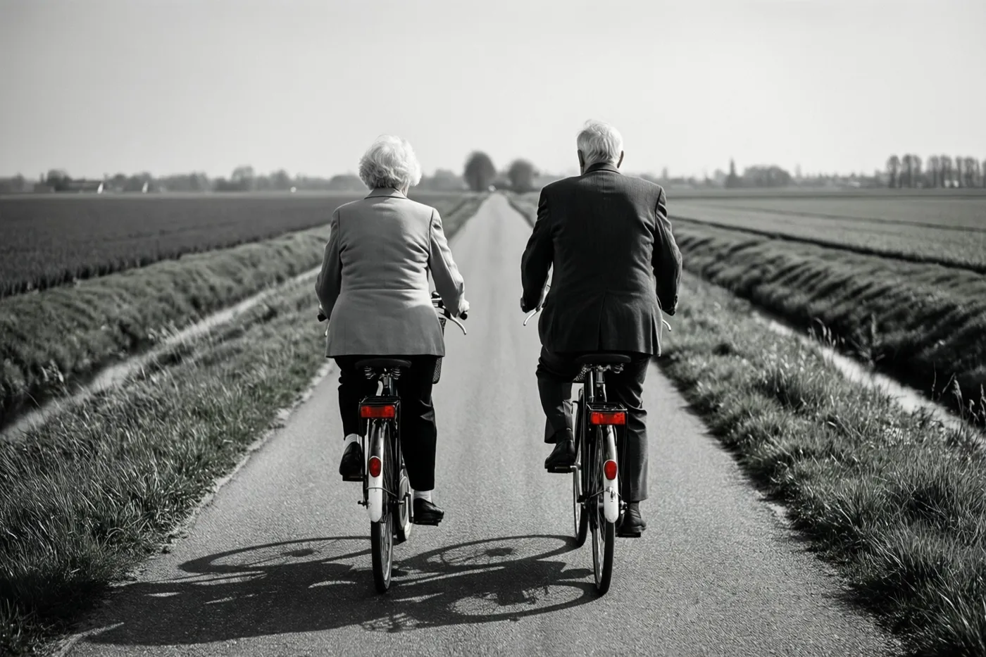 Een ouder koppel fietst van de kijker weg over een rechte polderweg op een overwegend zwart-witbeeld waarin de rode achterlichten opvallen.