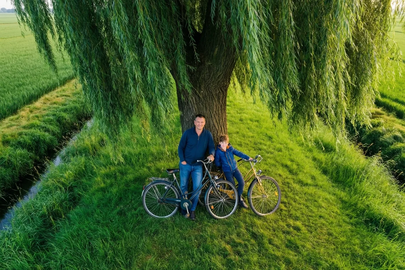 Een man en een jonge jongen staan naast hun fietsen onder een grote treurwilg in een groen polderlandschap met warm goudkleurig zonlicht.