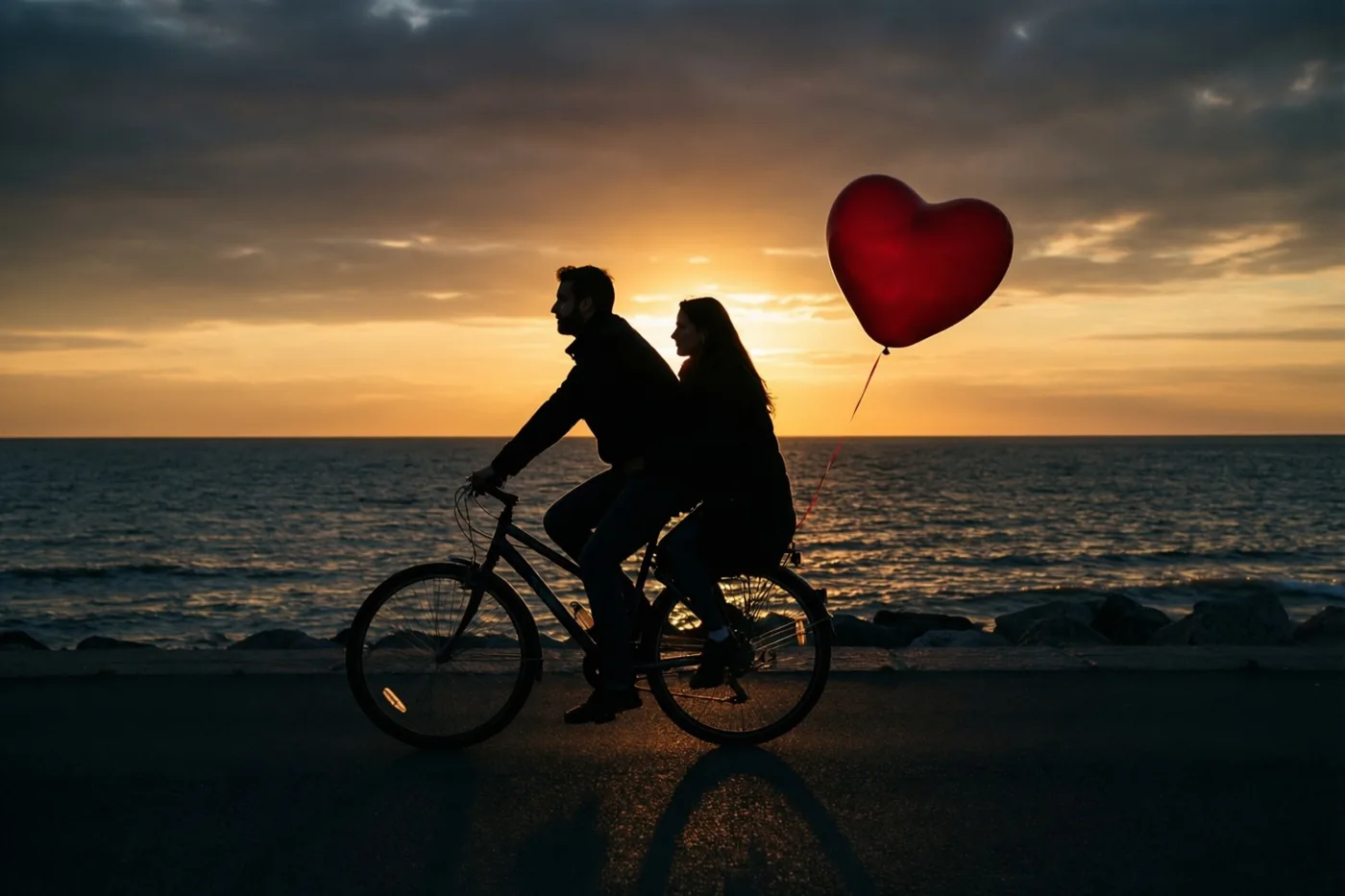 Een koppel is als silhouet te zien terwijl het naast elkaar langs een zeepromenade fietst bij zonsondergang, met een grote rode hartballon achter zich onder een oranjegele lucht.