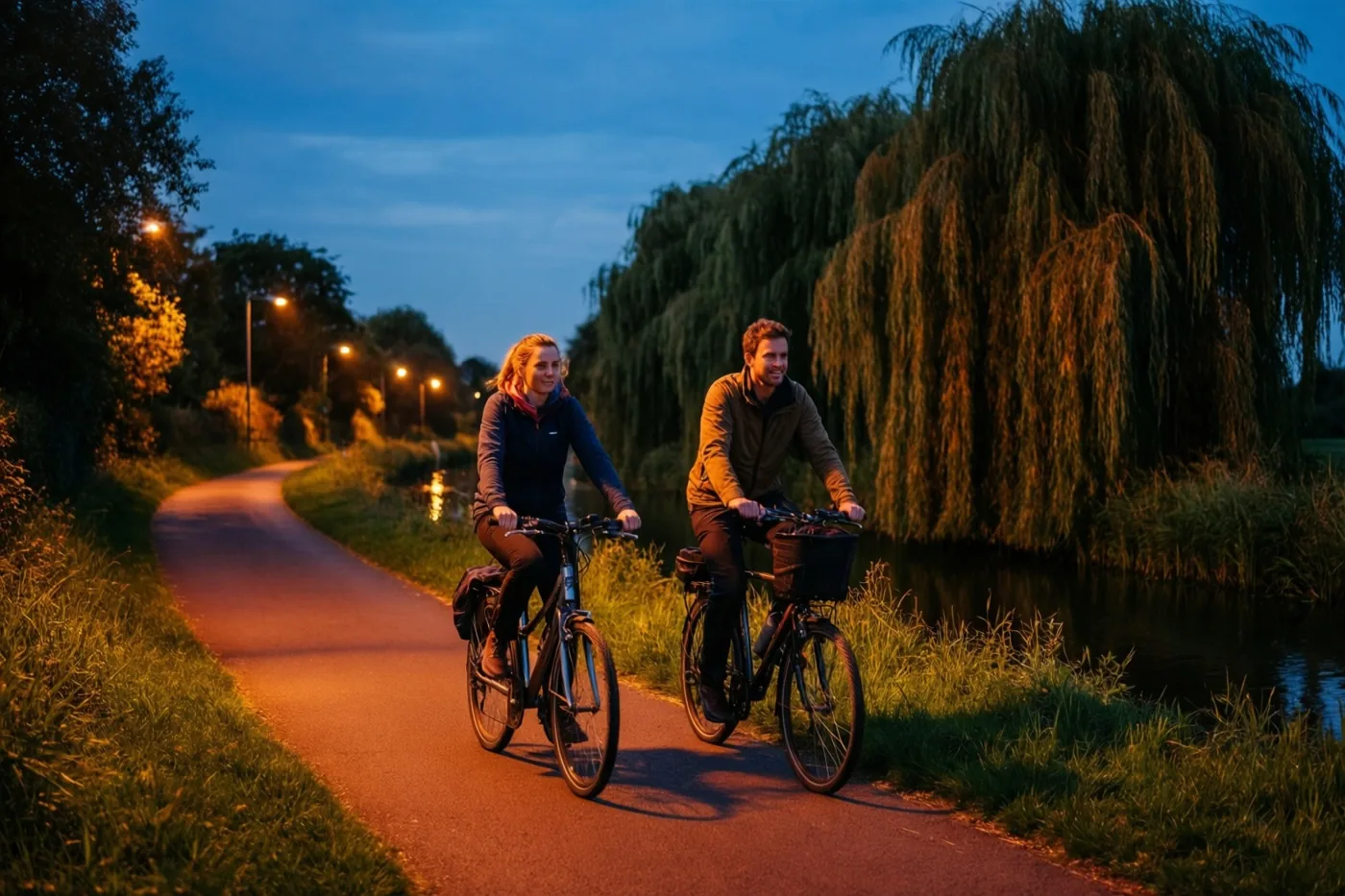Twee mensen fietsen naast elkaar op een verhard jaagpad langs een kanaal, met een grote treurwilg op de rechteroever en gouden straatlampen onder een diepblauwe schemerlucht.