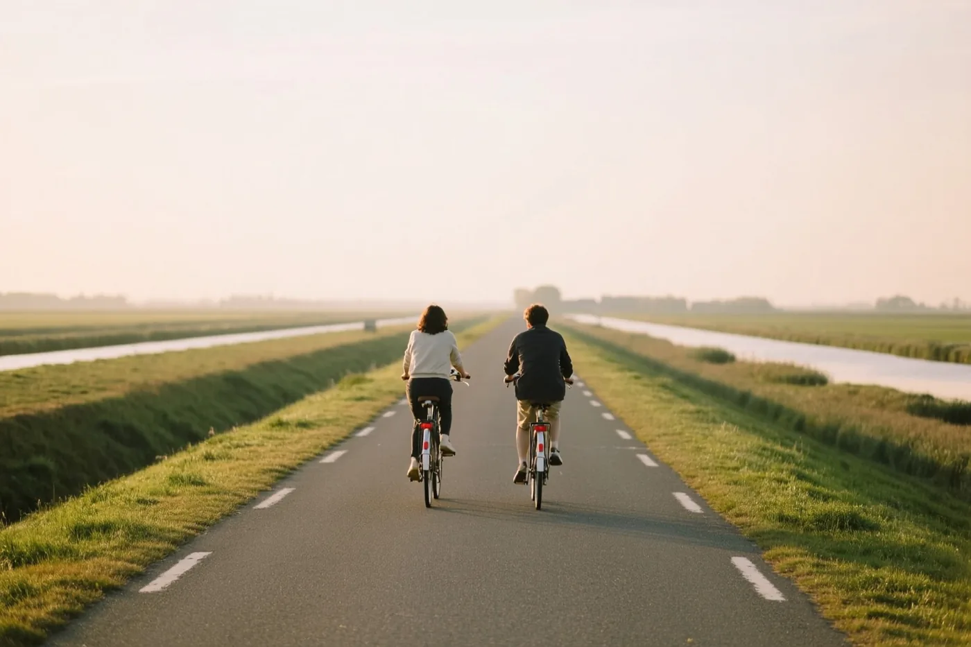 Twee mensen fietsen met hun rug naar de kijker naast elkaar over een rechte verharde polderweg, met gras en vaarten aan beide kanten in warm licht.