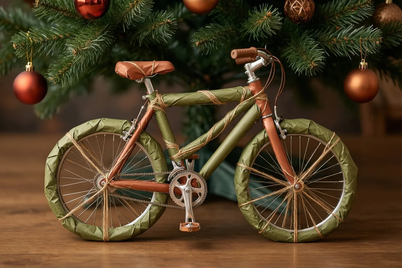 Een miniatuurfiets verpakt in groen papier en touw staat op een houten vloer onder een kerstboom met rode en koperkleurige versieringen.