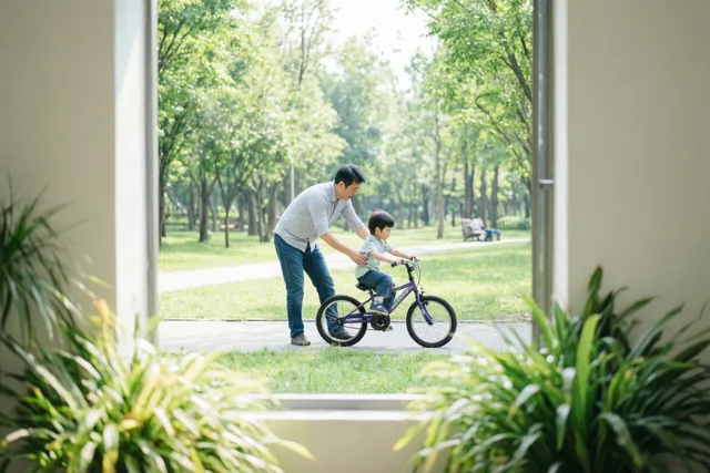 Door een raam met groene planten ervoor is te zien hoe een vader zijn jonge kind helpt leren fietsen op een verhard pad in een zonnig park.