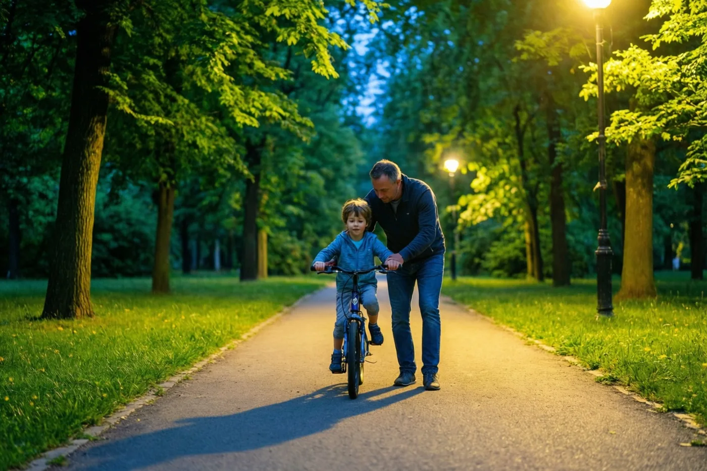 Een vader helpt een jong kind leren fietsen op een verhard pad in een groen park, in het warme licht van straatlampen.