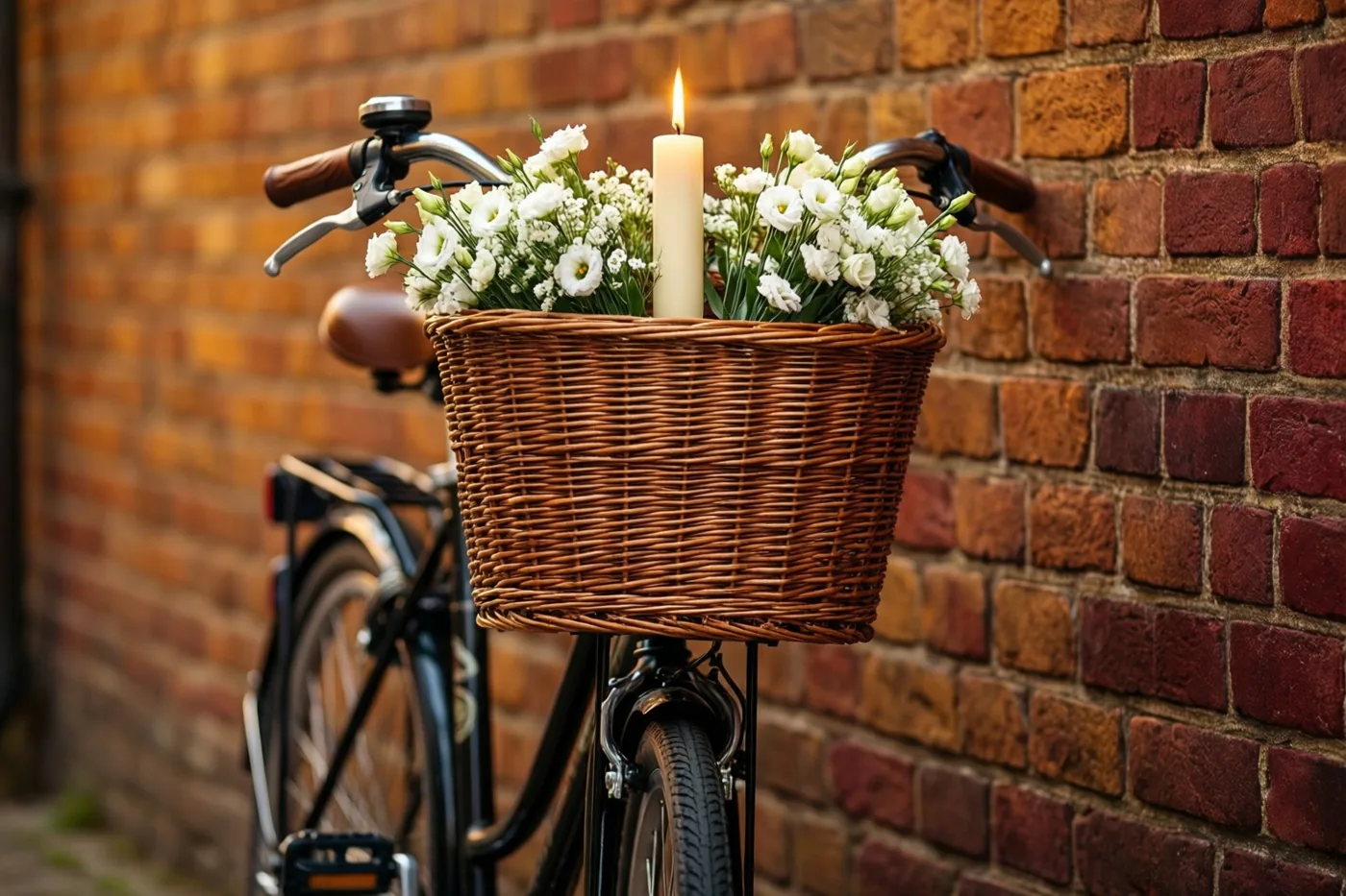 Een fiets met een rieten mand vol witte bloemen en een brandende communiekaars leunt tegen een bakstenen muur in warm licht met bruine, witte en roodoranje tinten.