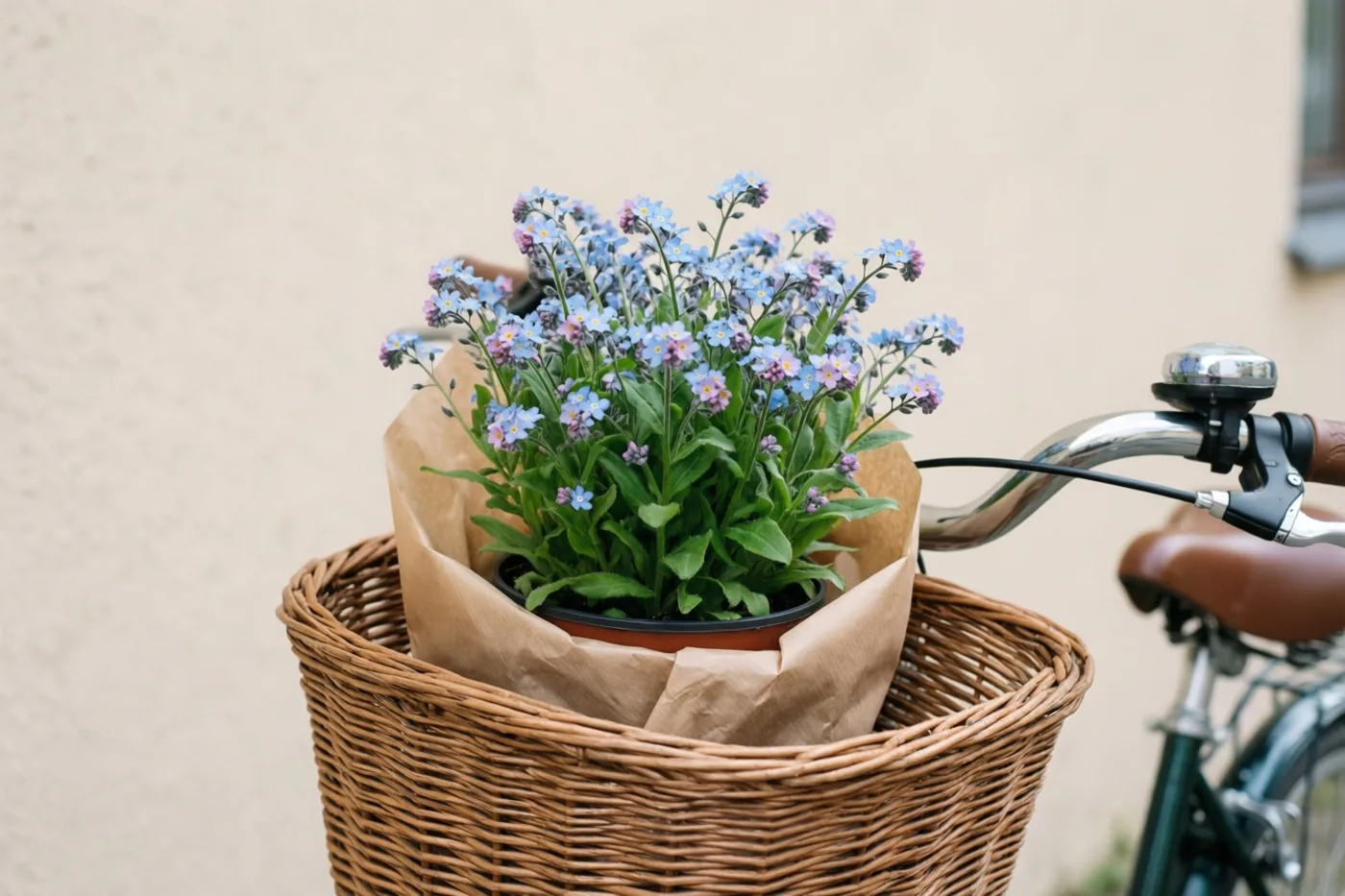 Een potje vergeet-mij-nietjes in bruin papier staat in een rieten fietsmand voor een beige muur, met het stuur en het zadel zichtbaar.