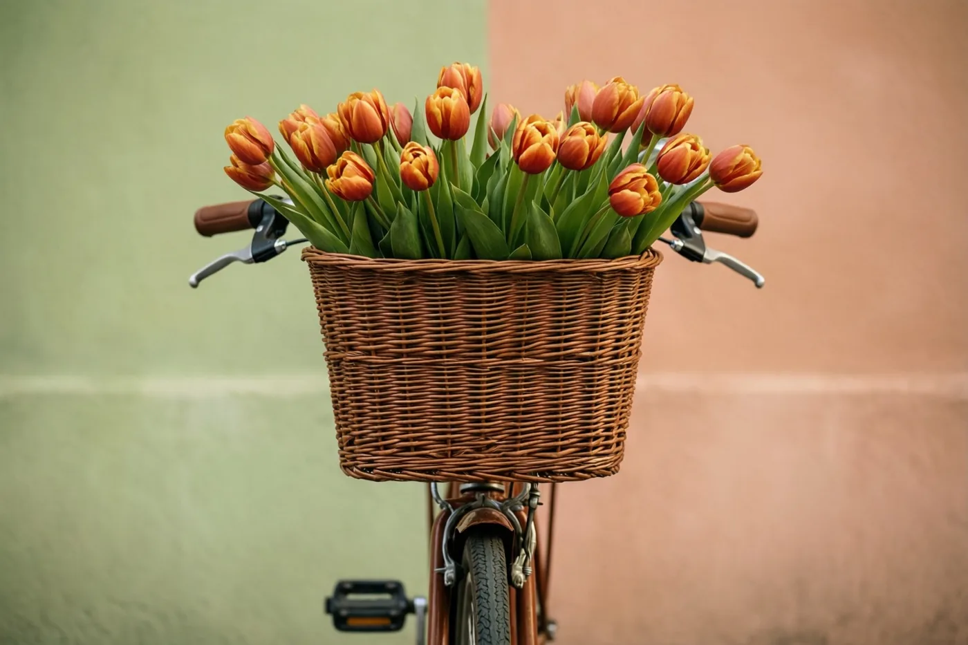 Een retrofiets met een rieten mand vol oranje tulpen staat tegen een pastelgroene en roze muur.