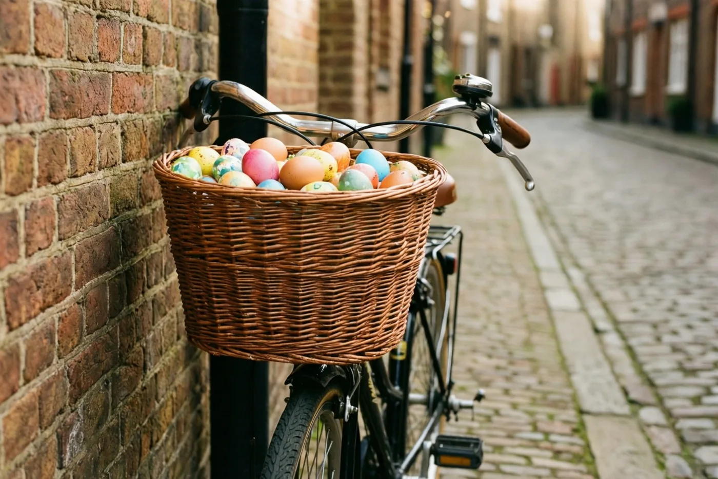 Een fiets met een overvolle rieten mand kleurrijke paaseieren leunt tegen een rode bakstenen muur aan een kasseistraat.