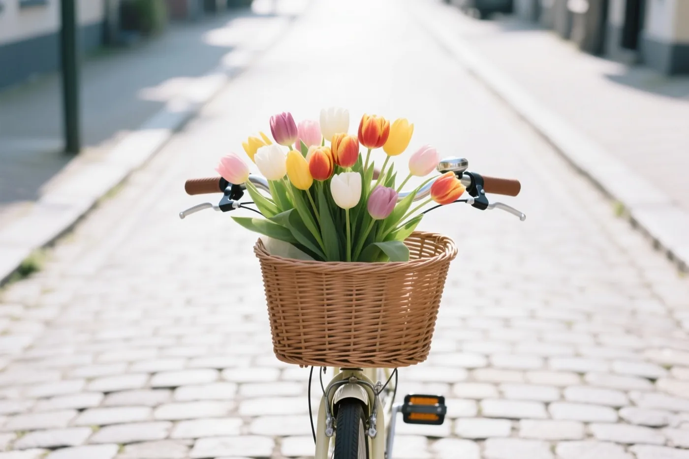 Een fiets met een rieten mand vol kleurrijke tulpen staat op een kasseistraat in een licht beeld met zachte en felle kleuren.