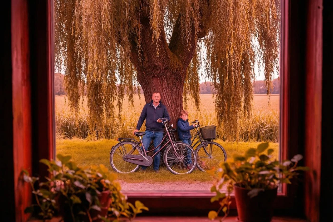 Door een rood raamkader met potplanten op de voorgrond zijn een man en kind te zien die naast hun fietsen tegen een knotwilg leunen in een polderlandschap met warme gouden en rode tinten.
