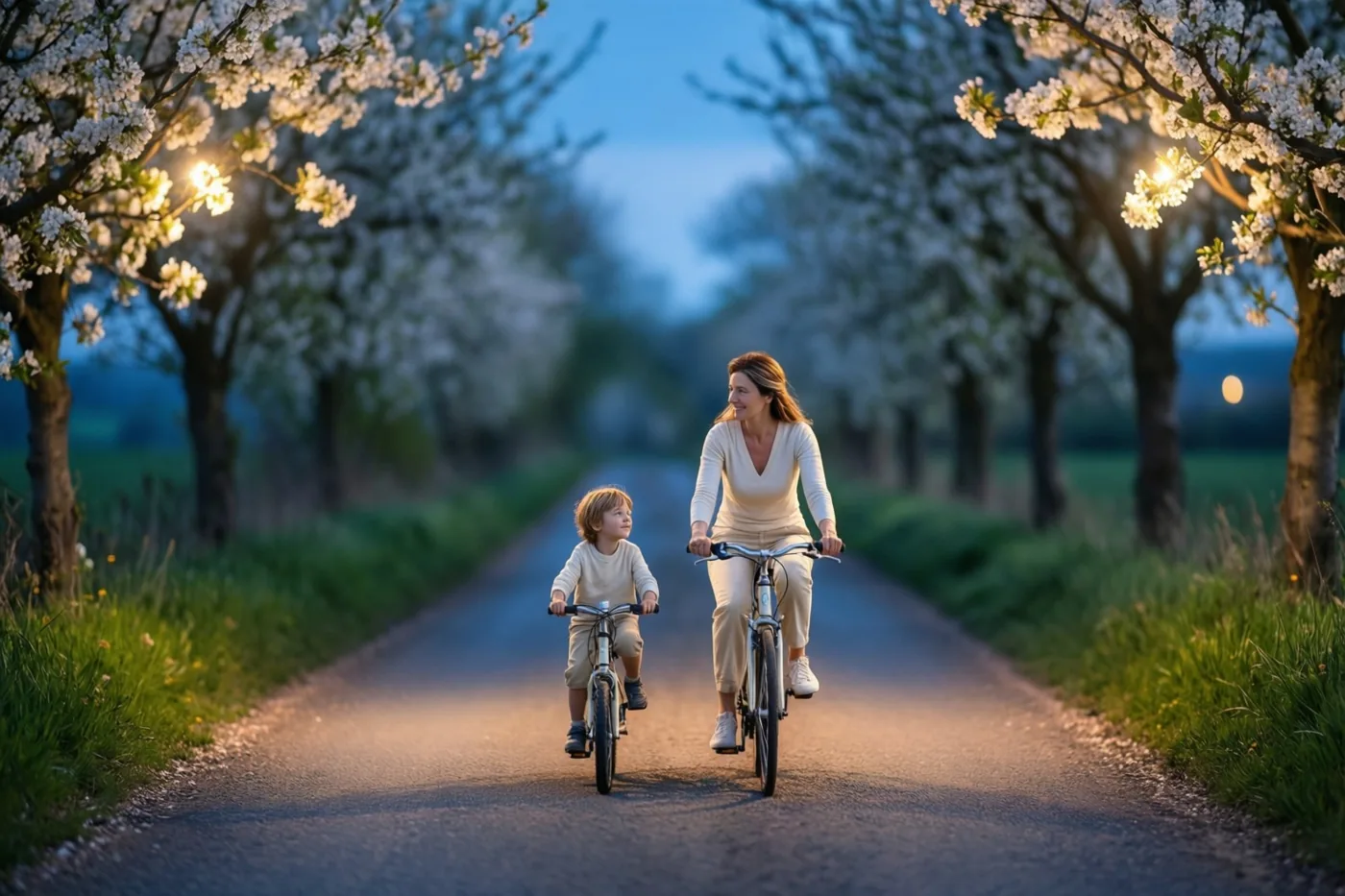 Een moeder en kind fietsen naast elkaar op een smalle landweg met bloeiende bomen, in zacht warm licht onder een schemerblauwe hemel.