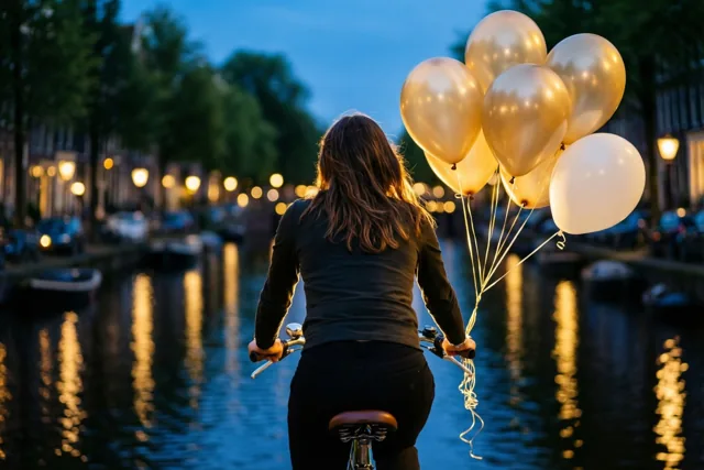 Een vrouw met lang haar fietst, van achteren gezien, bij schemering langs een kanaal met goudkleurige en witte ballonnen aan het stuur, terwijl warme straatlichten in het water weerspiegelen.