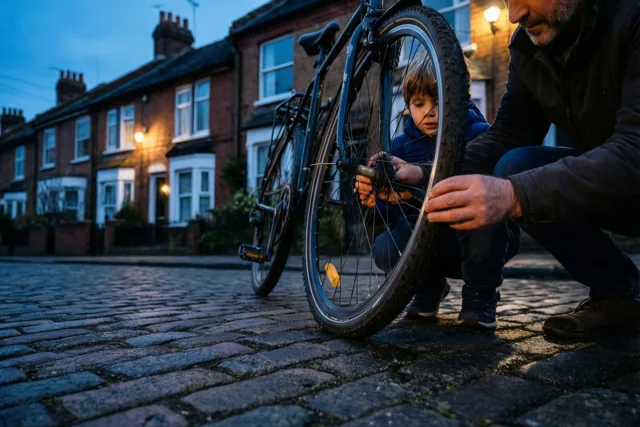Een vader en zijn jonge kind hurken op kasseien om samen een fietswiel te herstellen voor een bakstenen rijhuis, bij warm straatlicht onder een blauwe avondlucht.