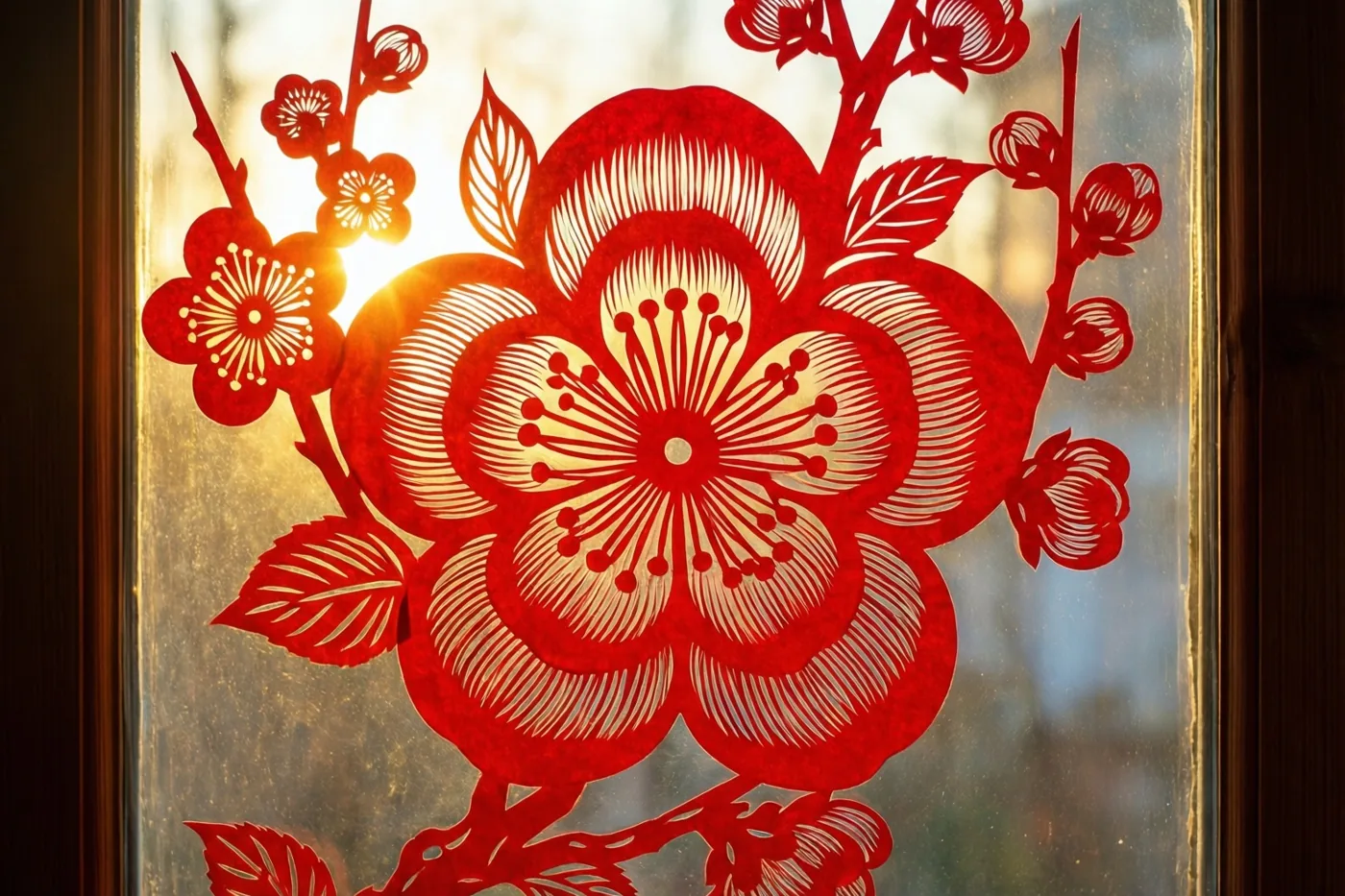 Een fijn uitgeknipt rood pruimenbloesempatroon is aangebracht op een raam met donkere houten kozijnen en licht op tegen een heldere, onscherpe achtergrond.