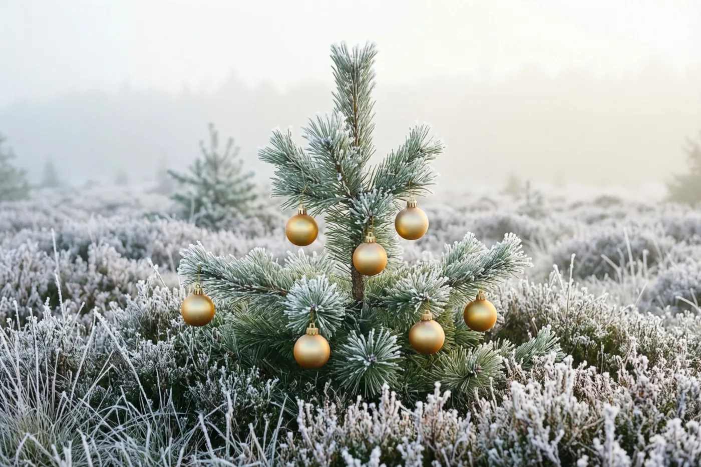 Een kleine fijnspar met gouden kerstballen staat op een berijpte heide tussen nevelige begroeiing in zacht licht.