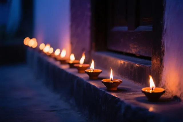 Een rij kleine olielampjes met flakkerende vlammen staat 's nachts op een donkere stenen drempel, met warm oranje licht tegen een blauw-paarse achtergrond.