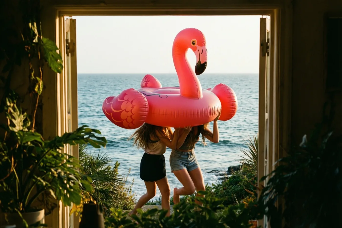 Twee mensen worstelen met een grote roze opblaasflamingo door een open deuropening richting zee, met groene planten vooraan en een warme zonsondergang boven het water.