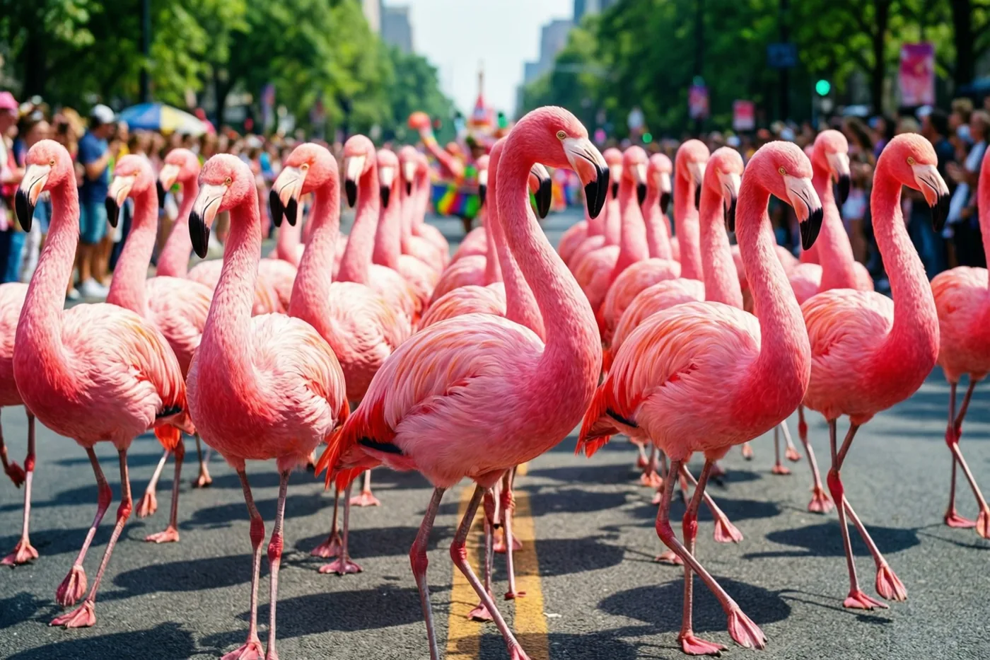 Een grote groep roze flamingo’s marcheert bij helder daglicht in formatie over een grijze stadsstraat, met toeschouwers op de voetpaden en groene bomen op de achtergrond.