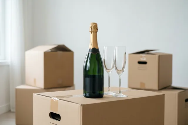 Een fles champagne en twee champagneglazen staan op een stapel kartonnen verhuisdozen in een lichte, witte kamer.