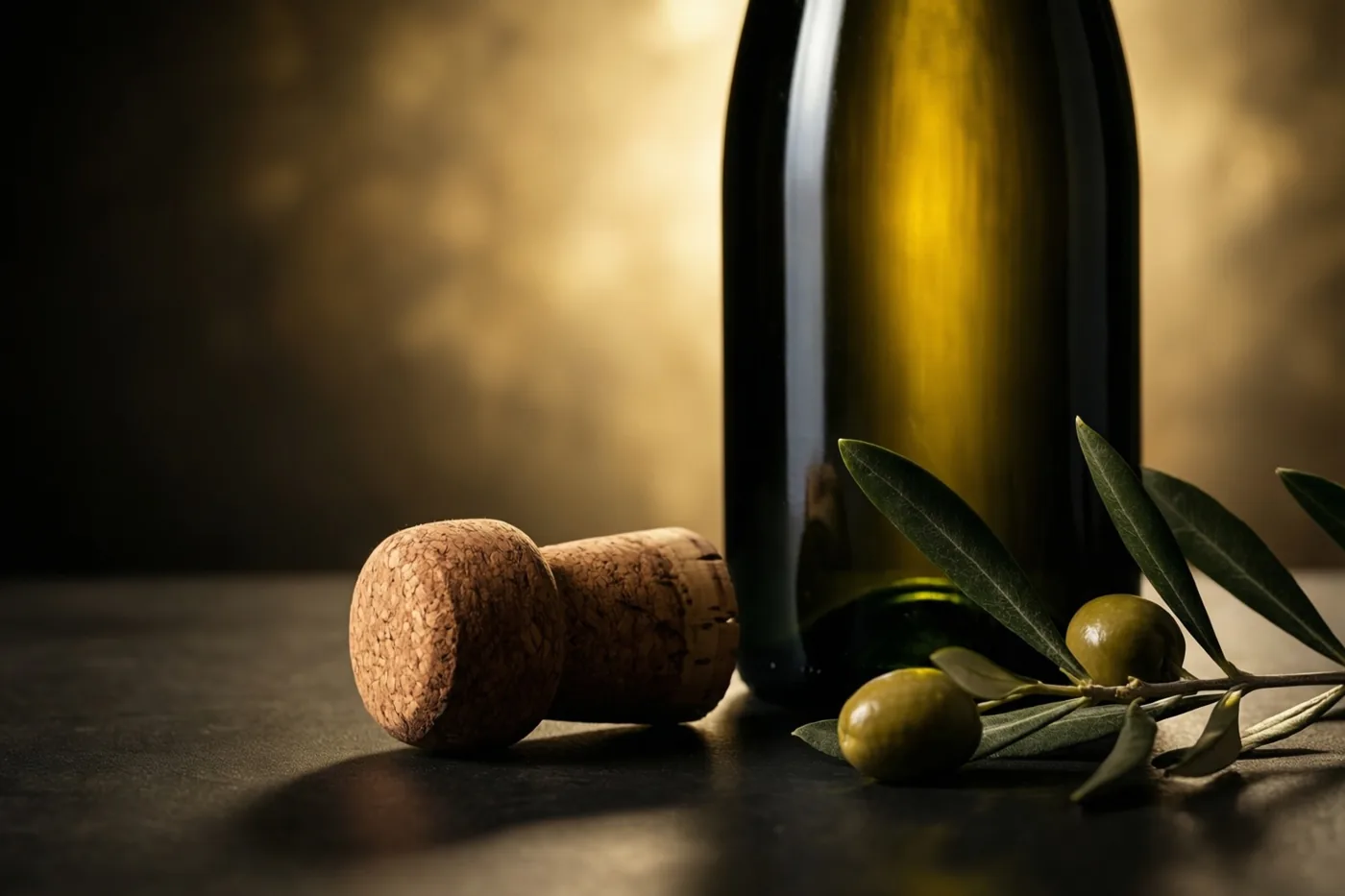 Een stilleven toont een donkergroene fles, een kurk en een olijftak op een donkere ondergrond in warm licht met goudbruine tinten.