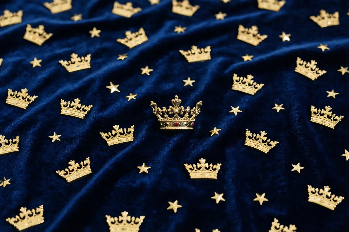 Een close-up toont diepblauwe fluwelen stof met kleine gouden kroontjes en sterren erop.