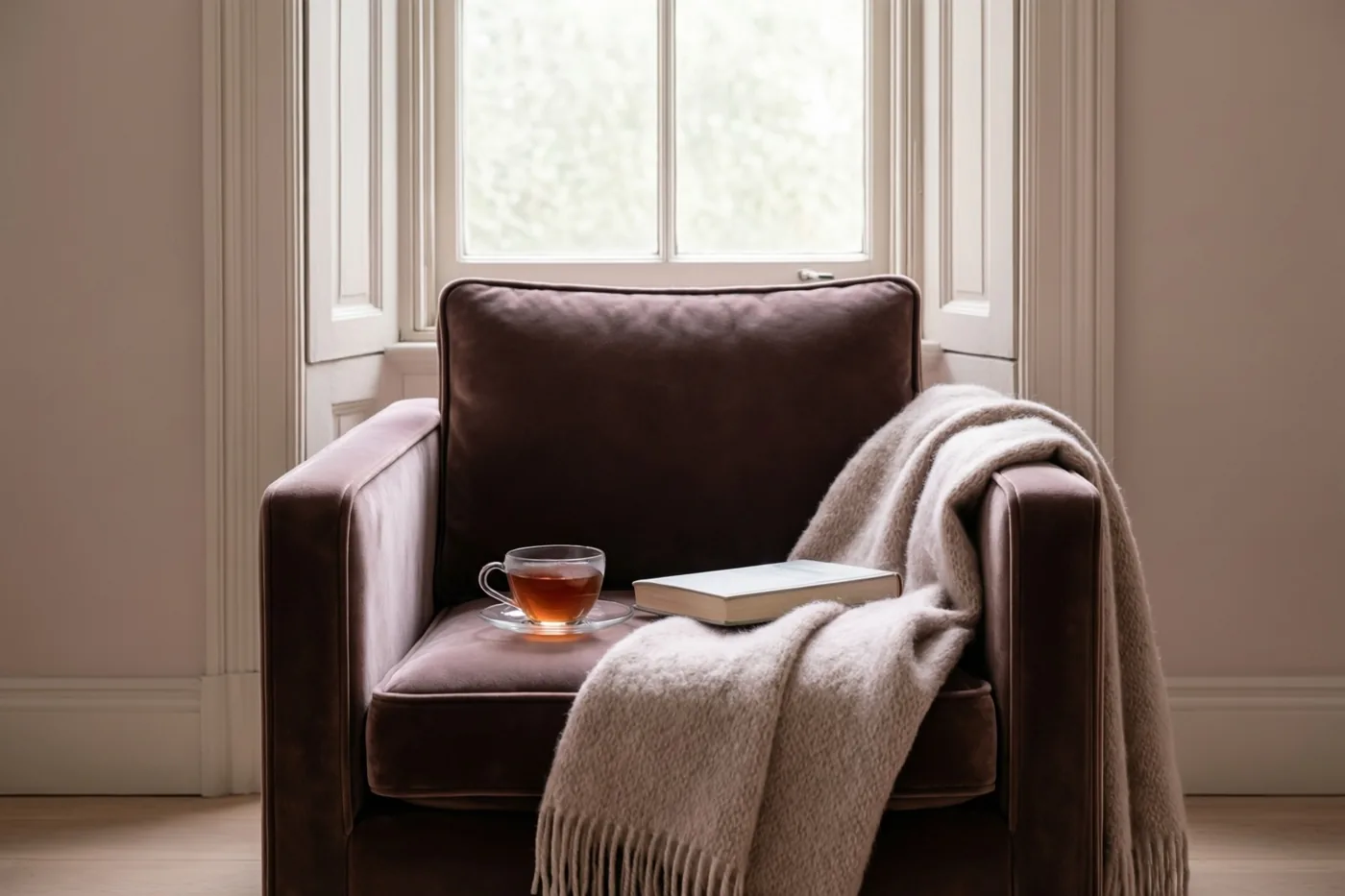 Een bruine fluwelen fauteuil met een beige wollen deken, een glas thee en een boek staat bij een hoog raam in zacht daglicht.