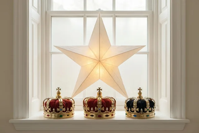 Drie sierlijke kronen met rood en zwart fluweel staan op een witte vensterbank onder een lichtgevende papieren ster in een heldere witte kamer met daglicht.